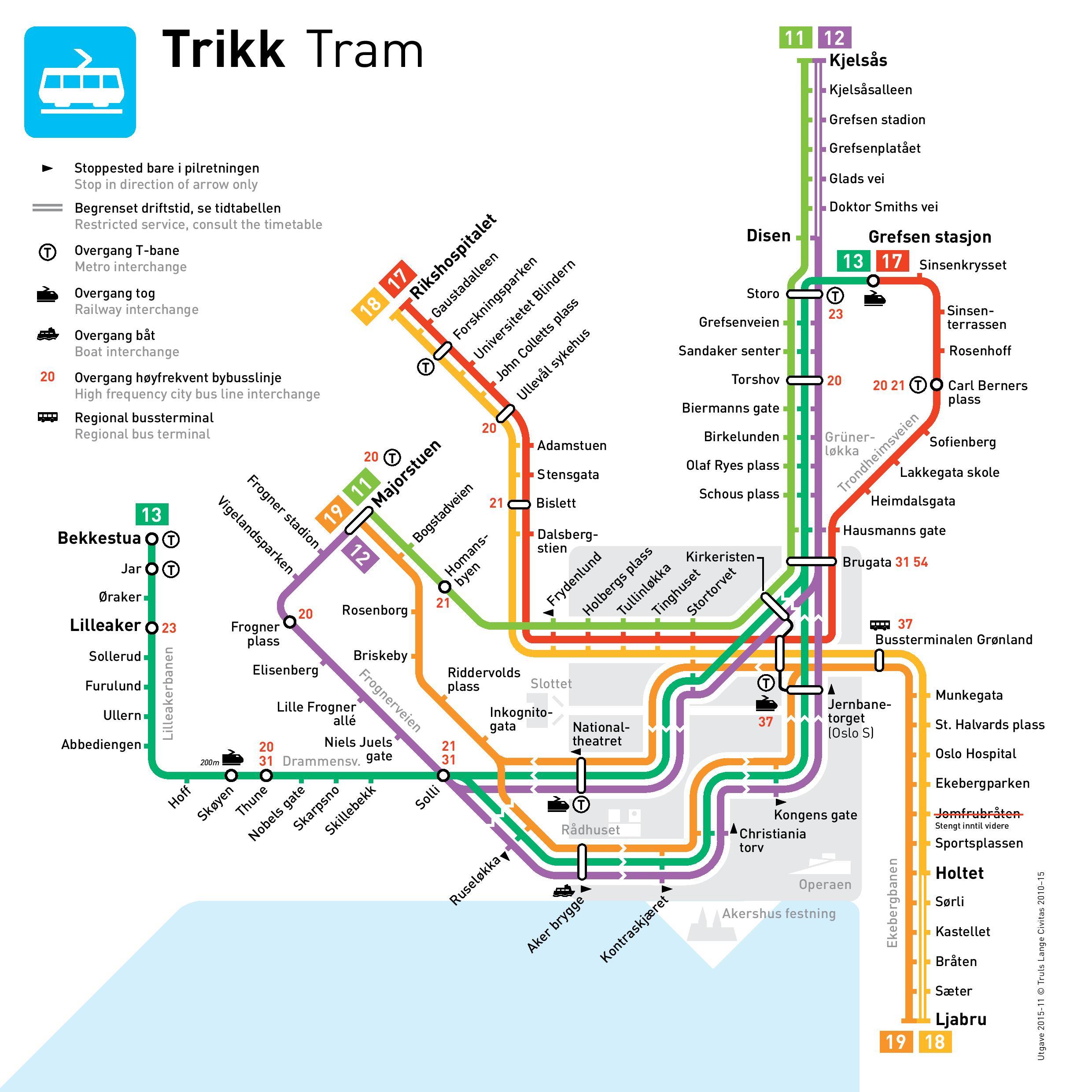 Map of Oslo tram: tram lines and tram stations of Oslo